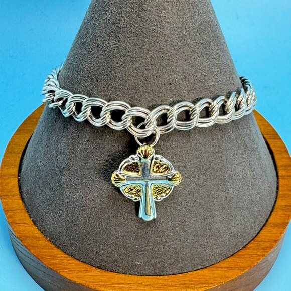 Two Tone Sterling Silver 925 Cross Charm Bracelet Lobster Claw Clasp Size 8''